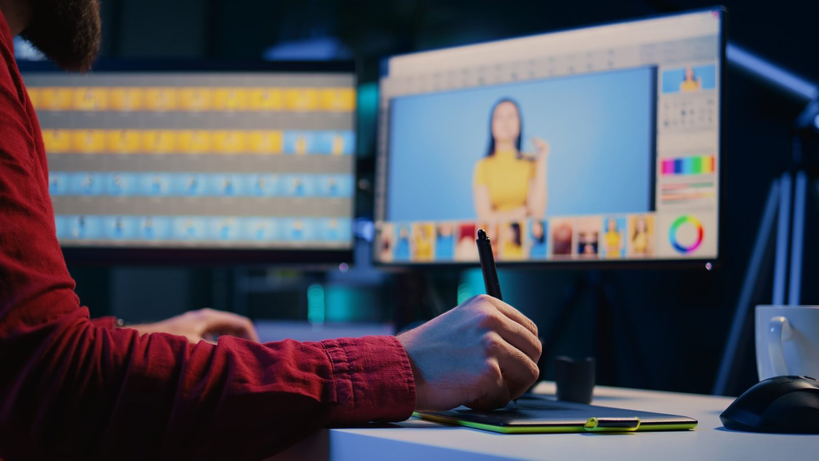 photo editor browsing through photoshoot images to find and fix faulty spots using graphic tablet