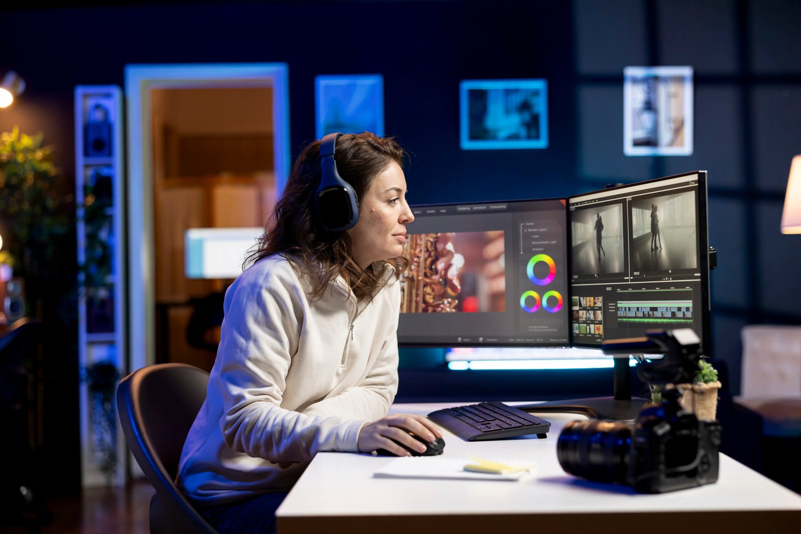 videographer using headphones to test and improve audio quality